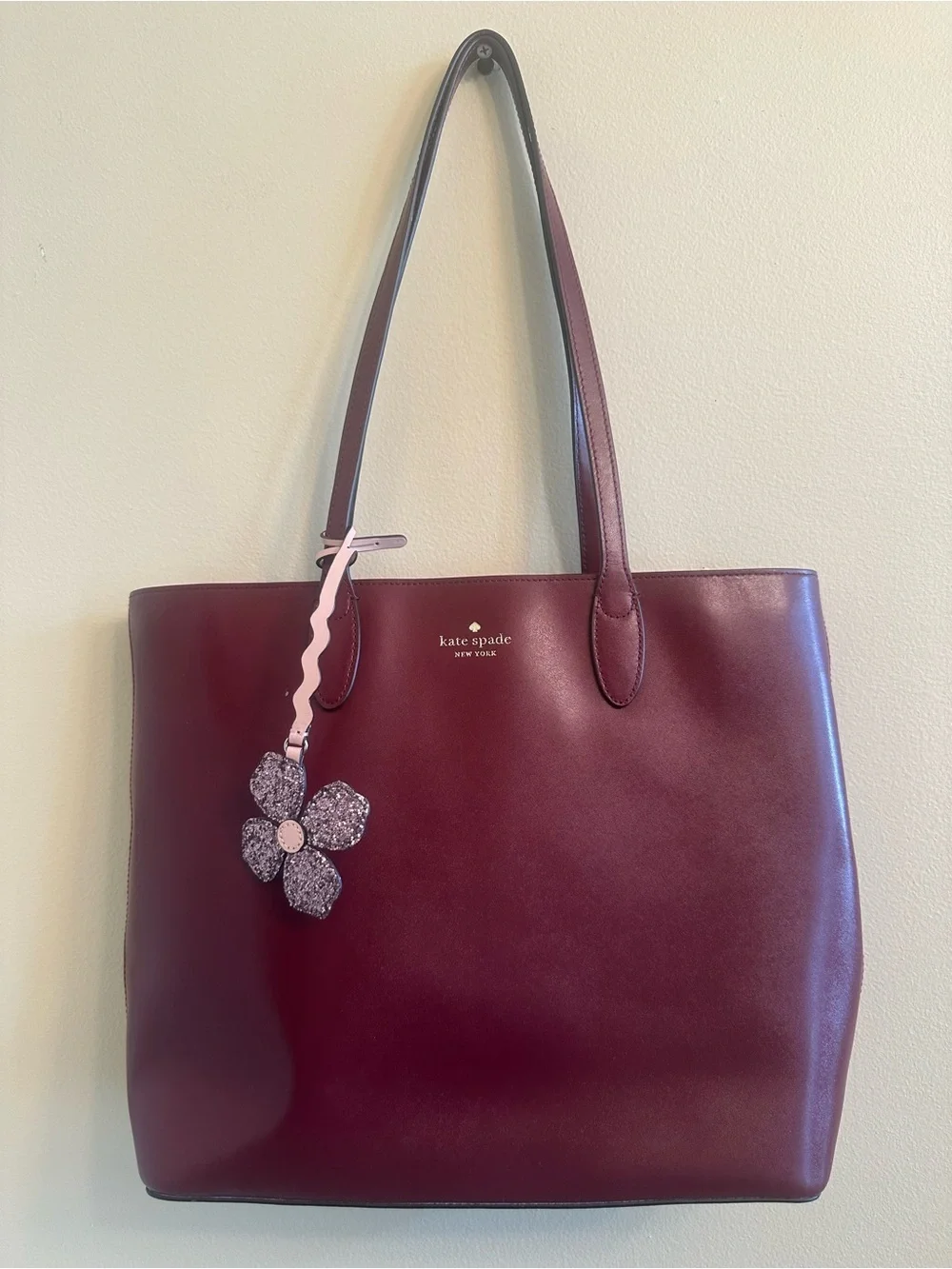Kate Spade Burgundy Leather Tote with Pink Flower Charm